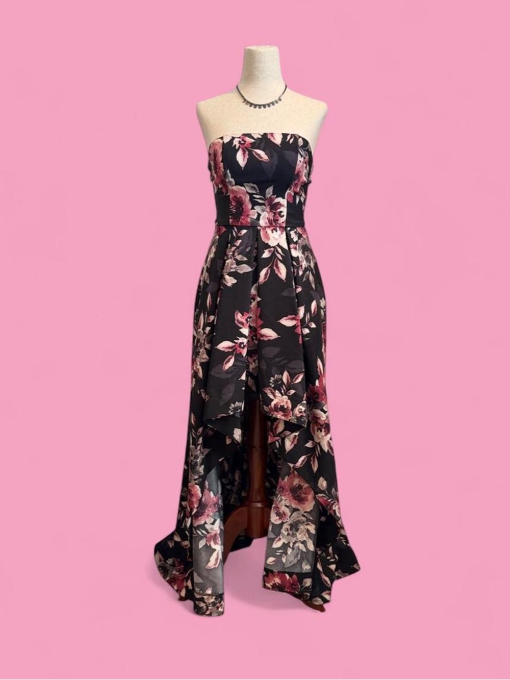 Black and Pink Floral Strapless High Low Dress